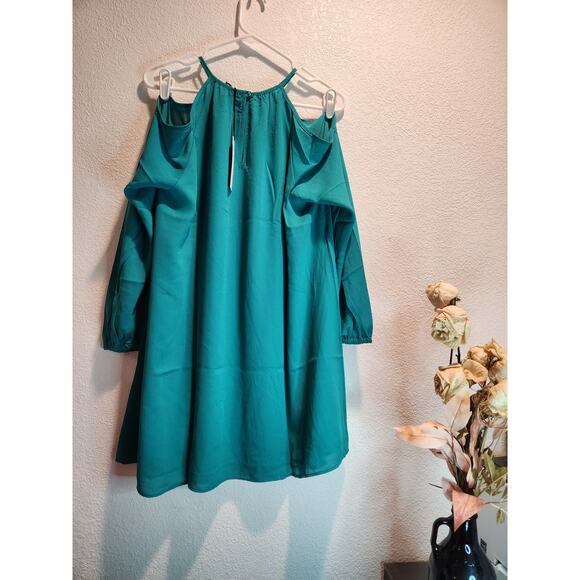 NWT Revolve Three Eighty Two Teal‎ Cold-Shoulder Dress  - Made in USA size small - Picture 2 of 4
